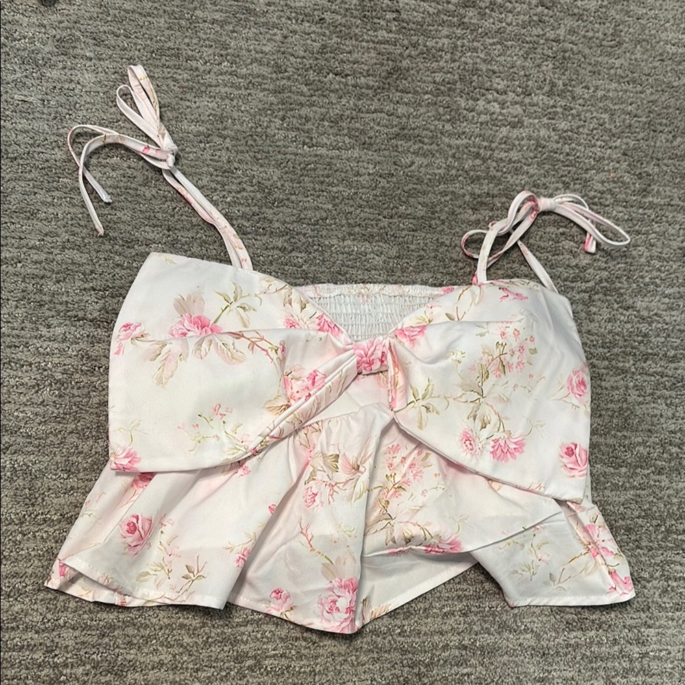 SHEIN Pink Floral Bow Tie Blouse